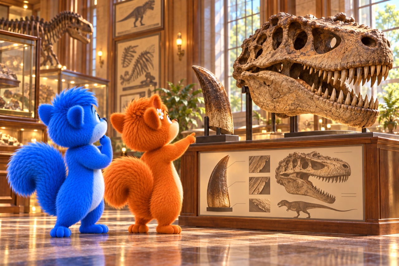 Puschel und Flauschi betrachten einen nachgebildeten T.-rex-Schädel und einen einzelnen großen Zahnabguss im Museum.