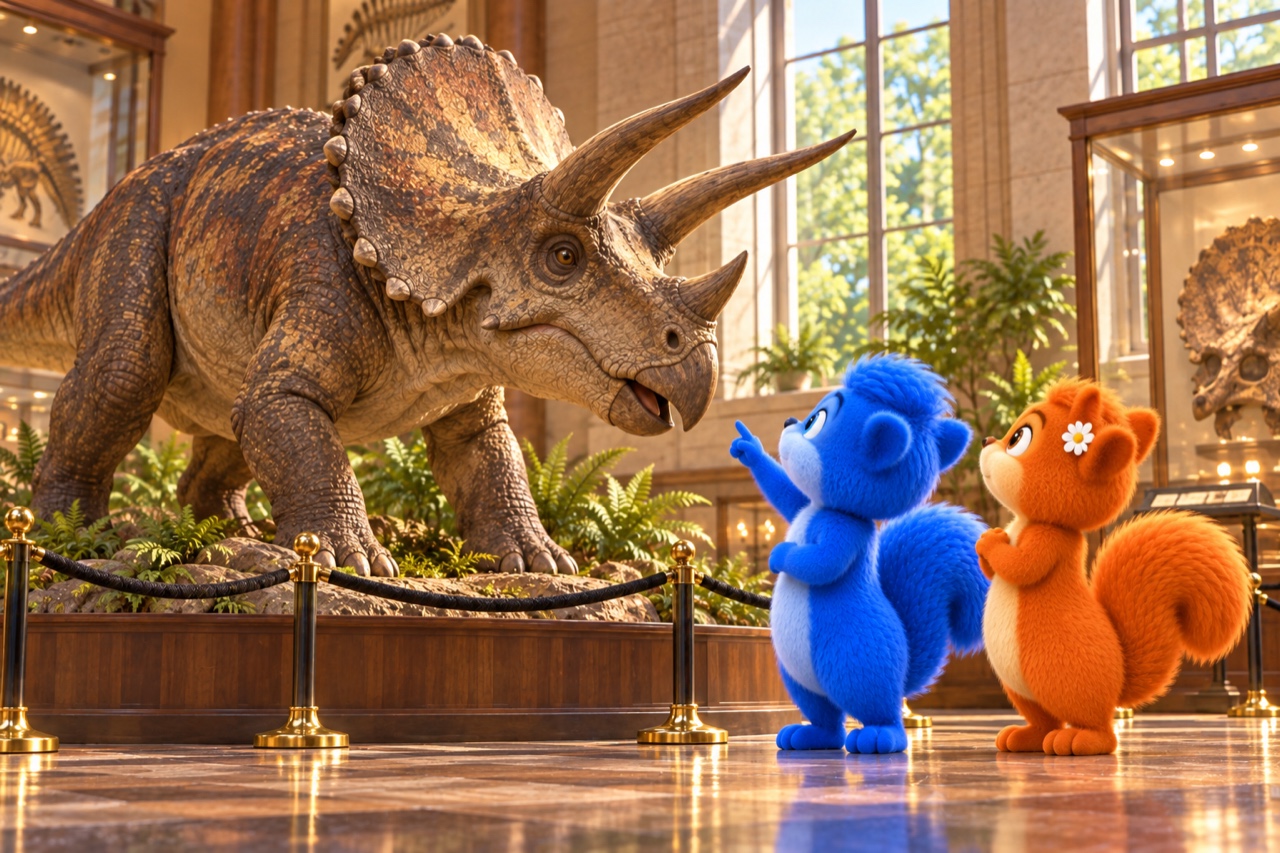 Die beiden Wusels schauen auf die drei Gesichtshörner und den Schnabel eines Triceratops-Modells hinter einer Museumsabsperrung.