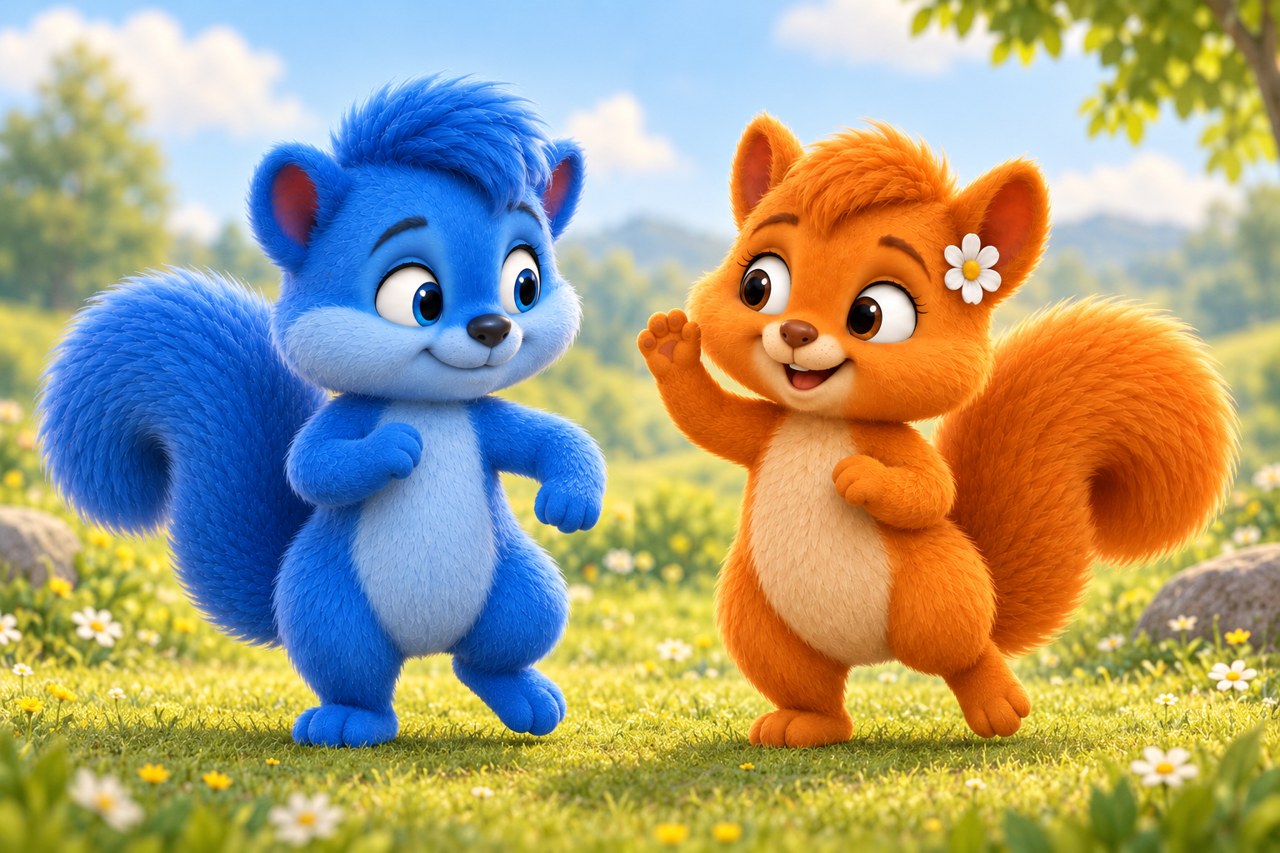 Puschel und Flauschi bewegen ihre Arme bei einem ruhigen kleinen Tanz auf der Wiese.
