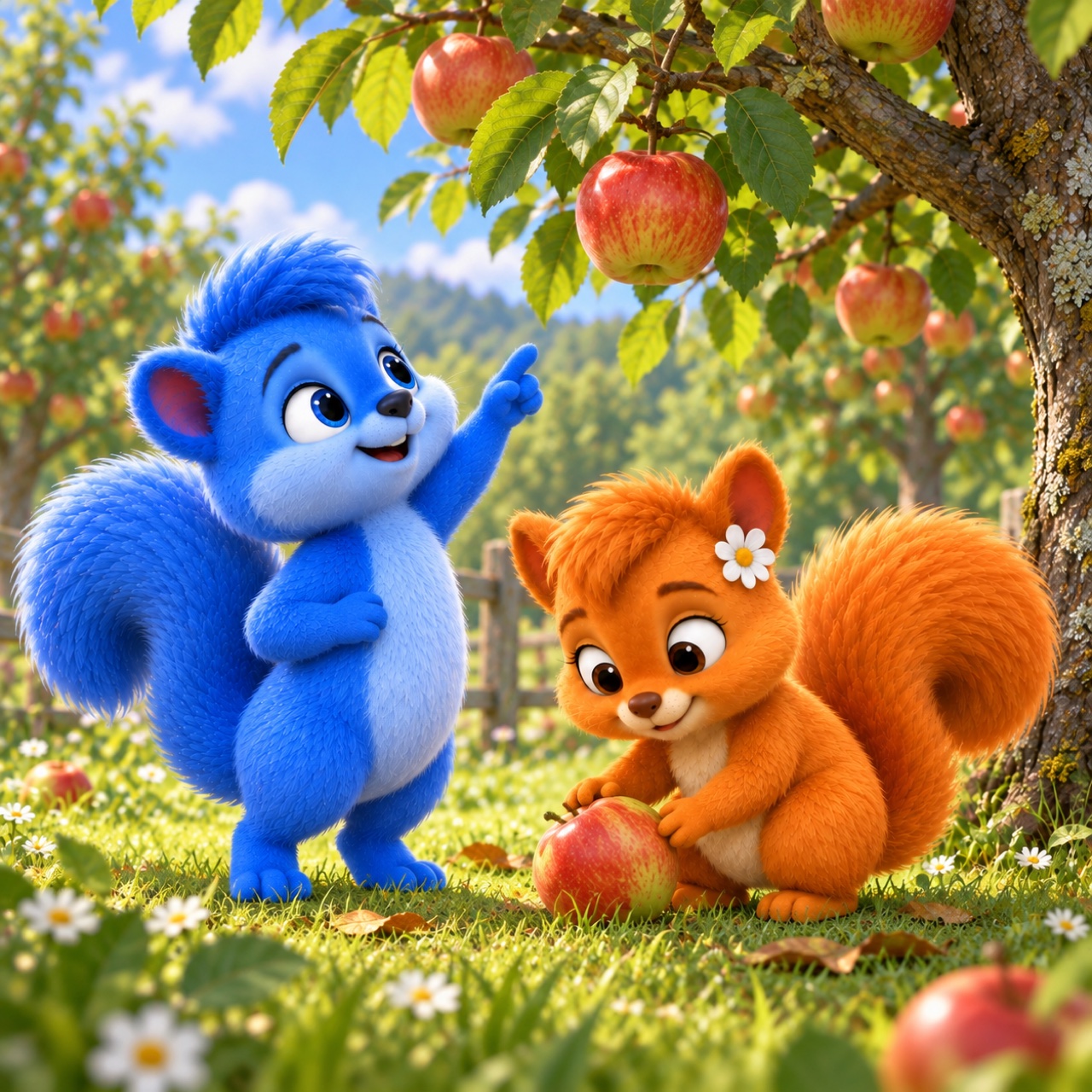 Puschel und Flauschi betrachten Äpfel an der Pflanze im Garten oder auf der Obstwiese.