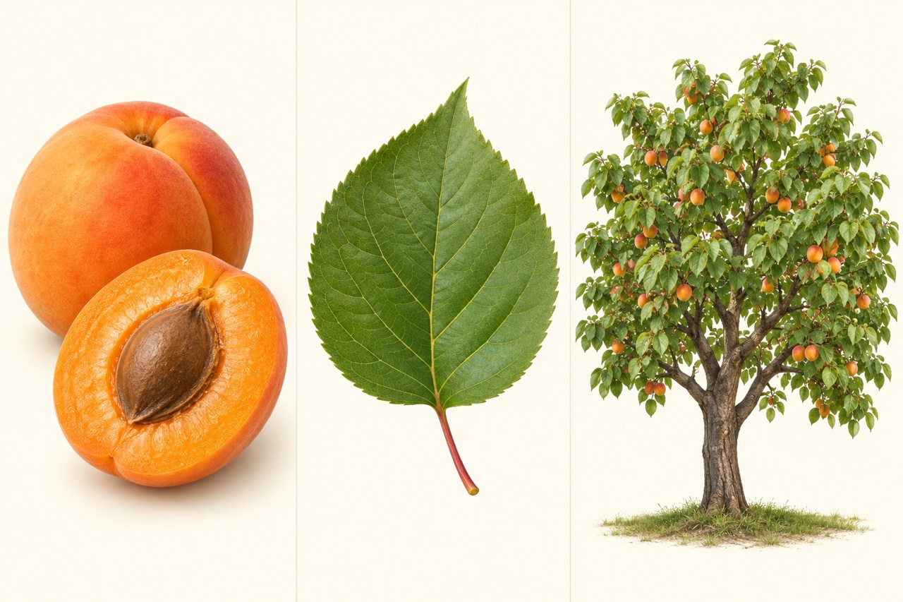 Close-ups show apricot fruit, leaves and growth habit.