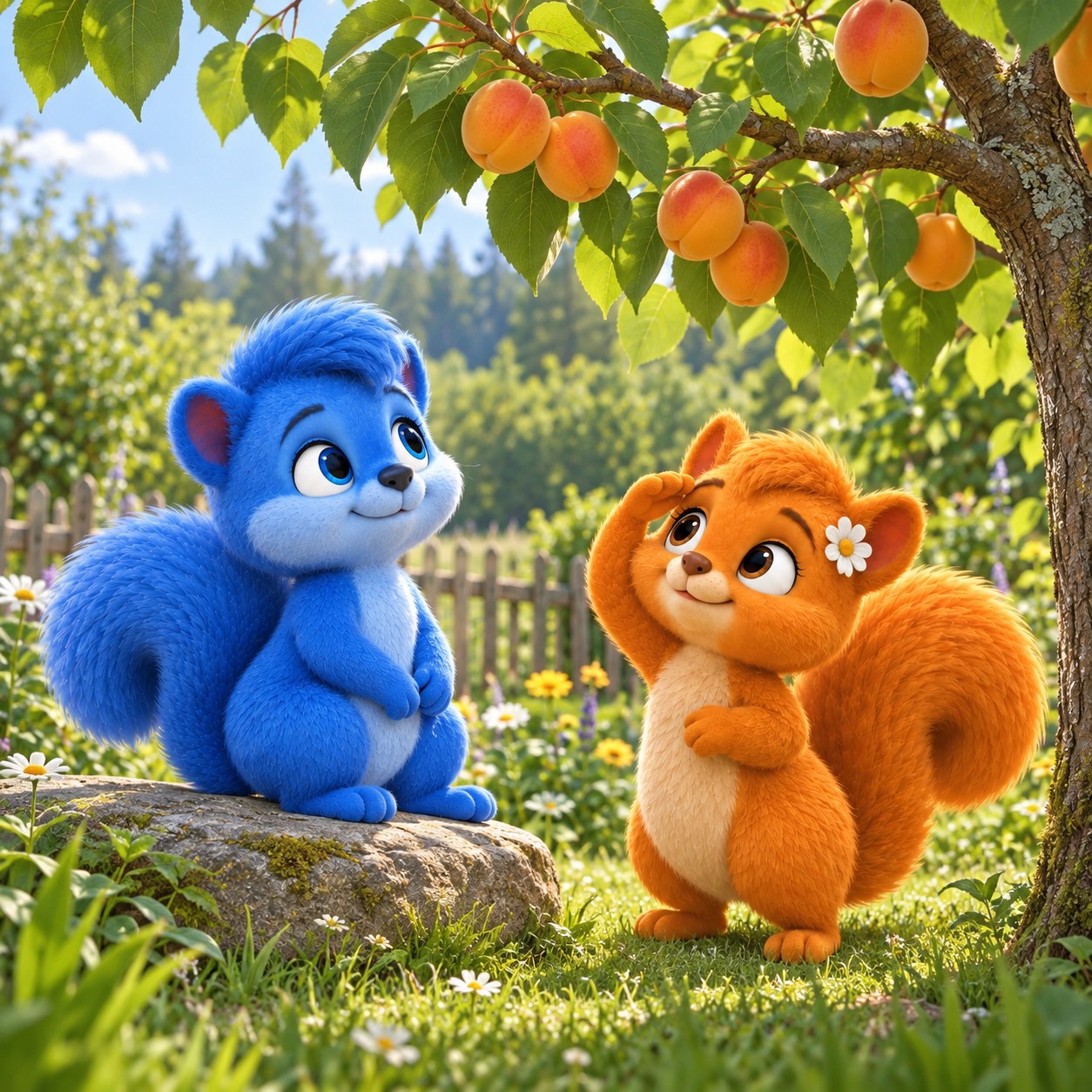 Puschel und Flauschi betrachten Aprikosen an der Pflanze im Garten oder auf der Obstwiese.