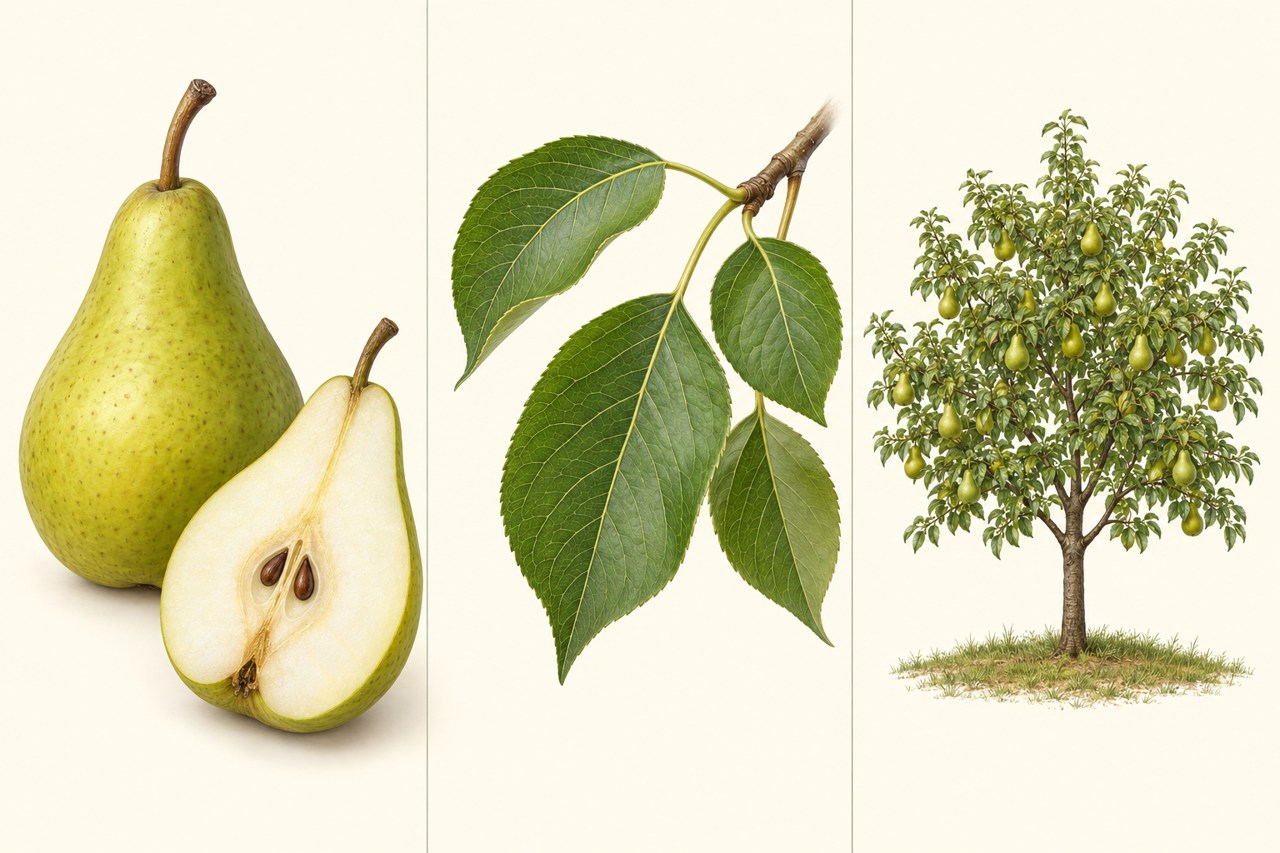 Close-ups show pear fruit, leaves and growth habit.