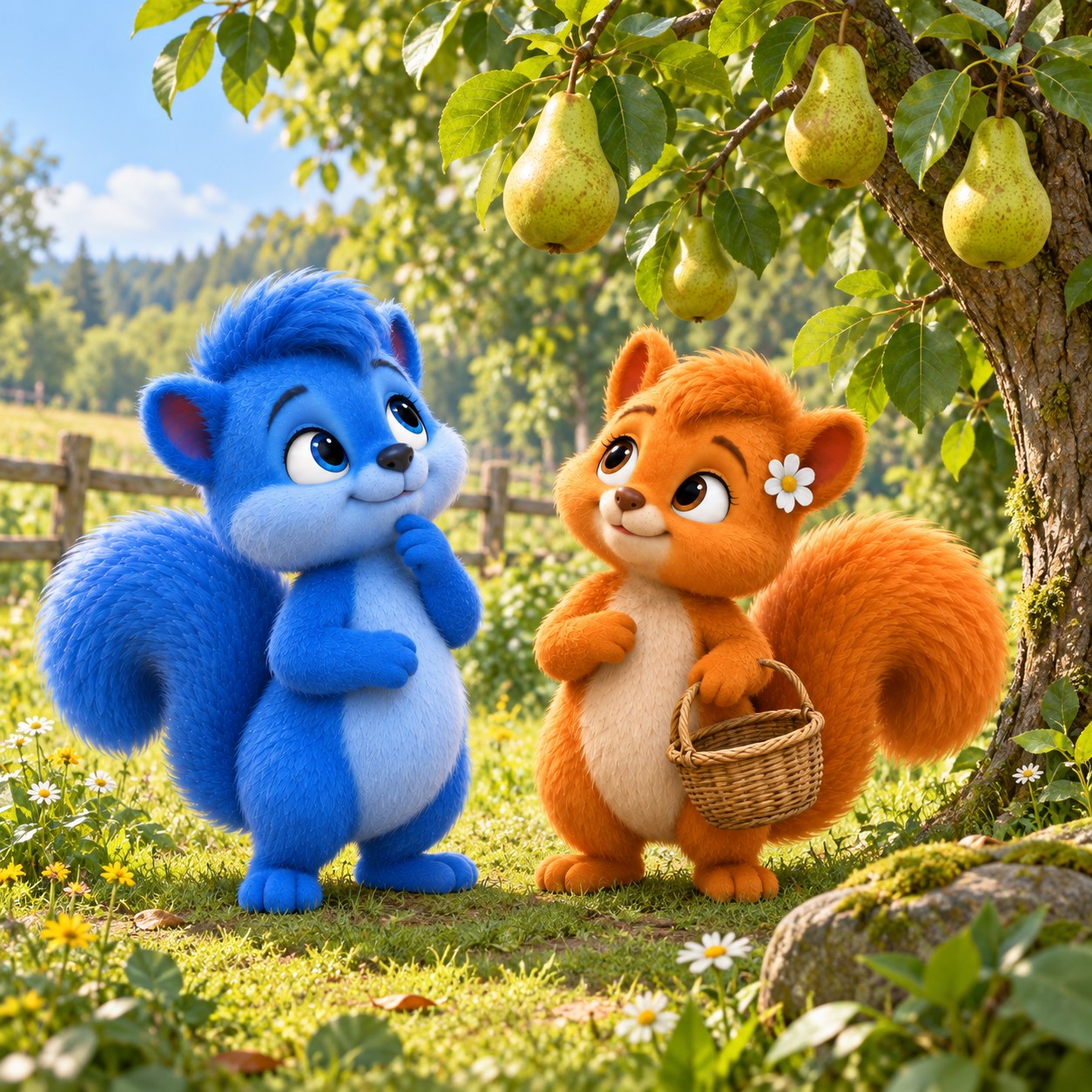 Puschel und Flauschi betrachten Birnen an der Pflanze im Garten oder auf der Obstwiese.