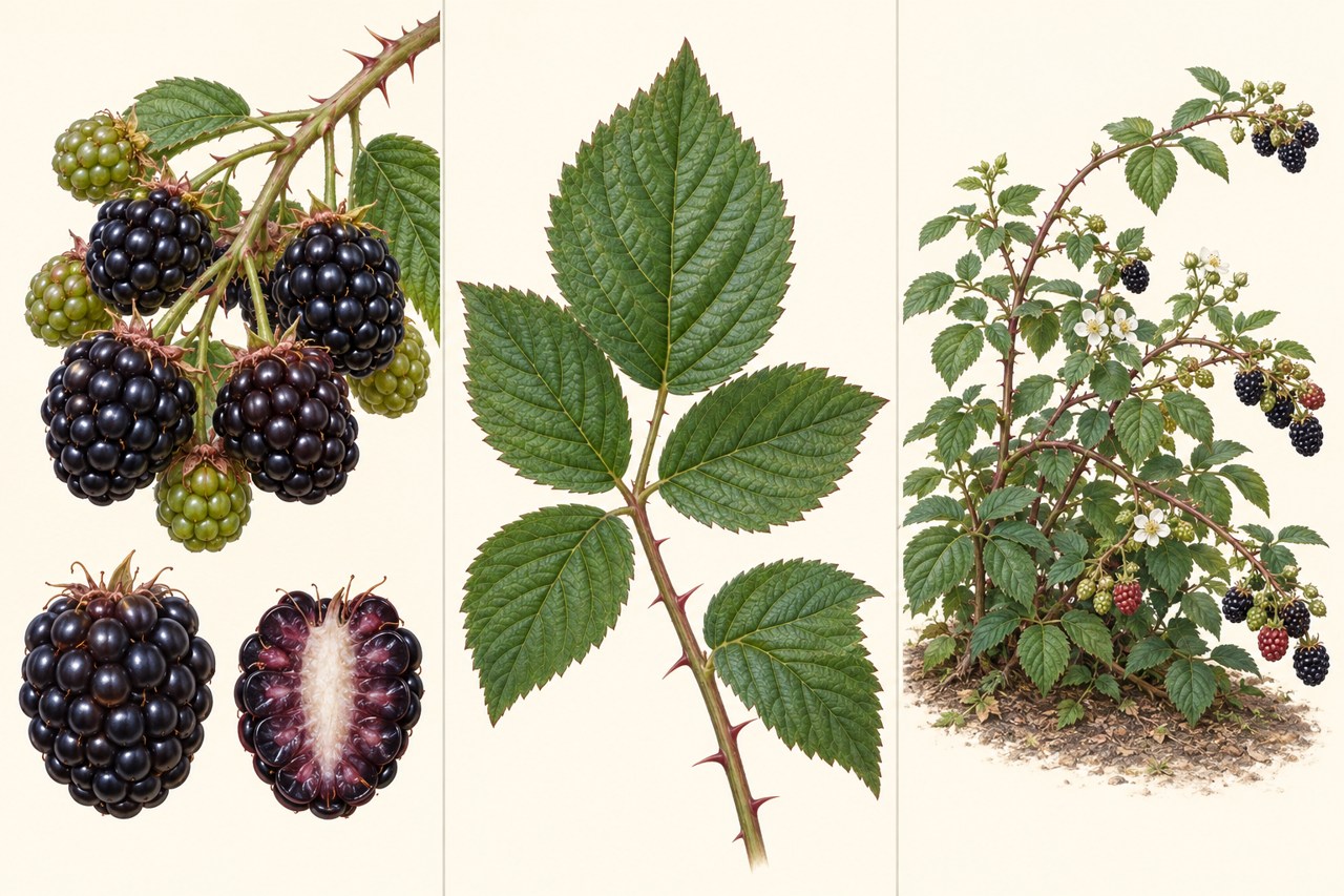 Close-ups show blackberry fruit, leaves and growth habit.