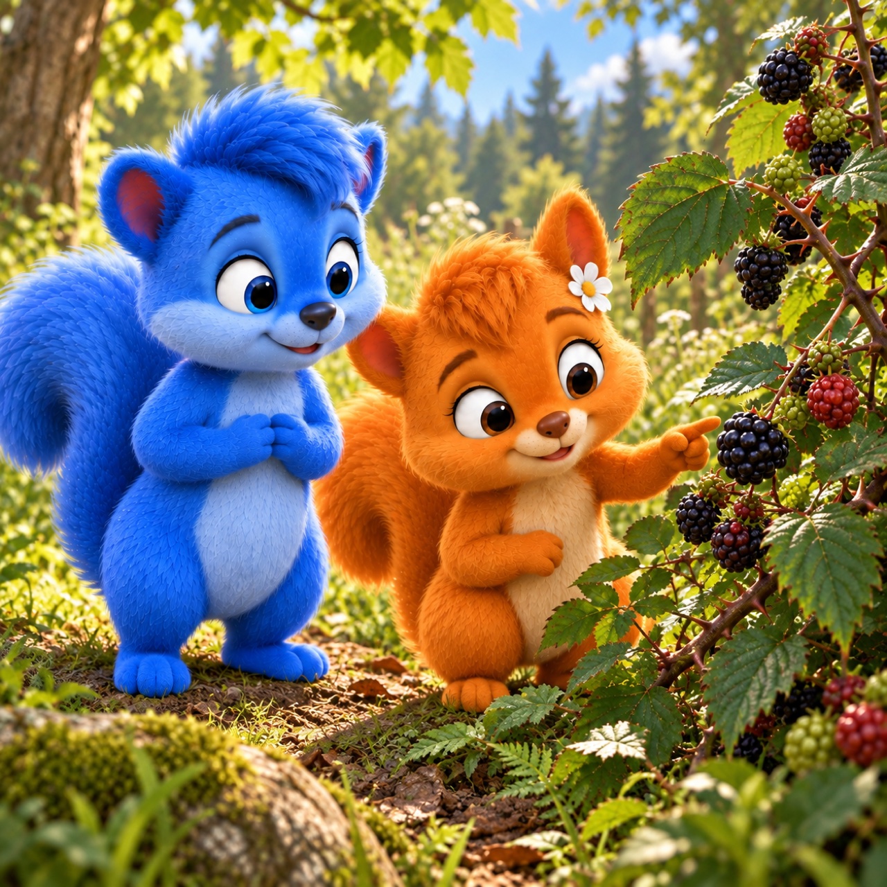 Puschel und Flauschi betrachten Brombeeren an der Pflanze im Garten oder auf der Obstwiese.