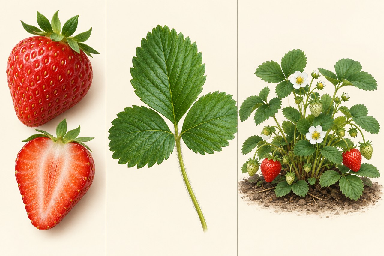Close-ups show strawberry fruit, leaves and growth habit.