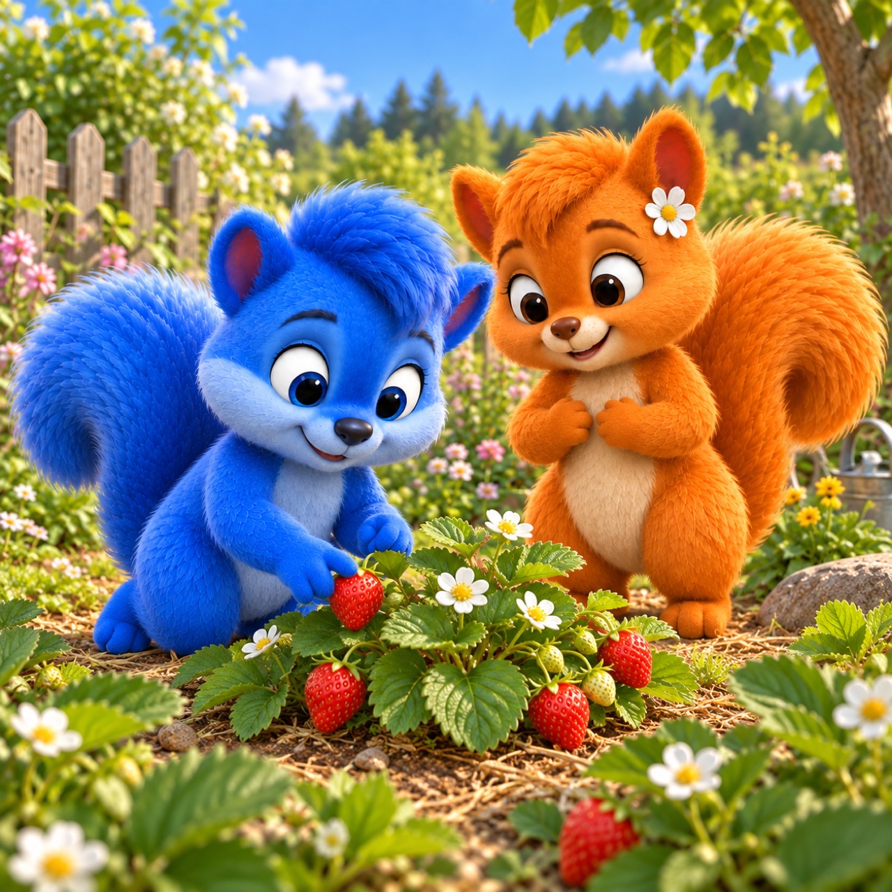 Puschel und Flauschi betrachten Erdbeeren an der Pflanze im Garten oder auf der Obstwiese.