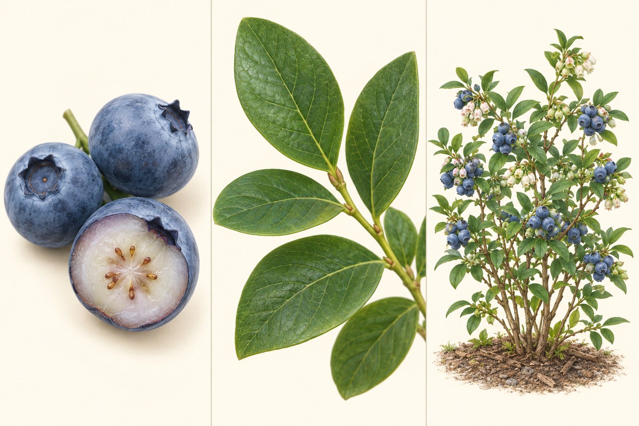 Close-ups show blueberry fruit, leaves and growth habit.