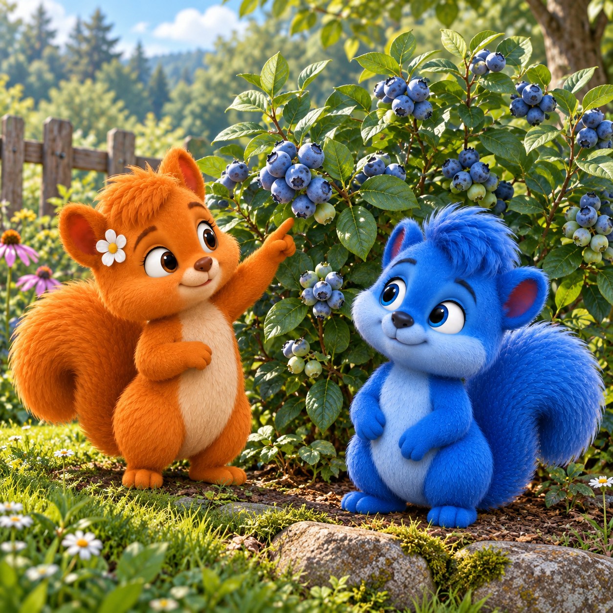Puschel und Flauschi betrachten Kulturheidelbeeren an der Pflanze im Garten oder auf der Obstwiese.