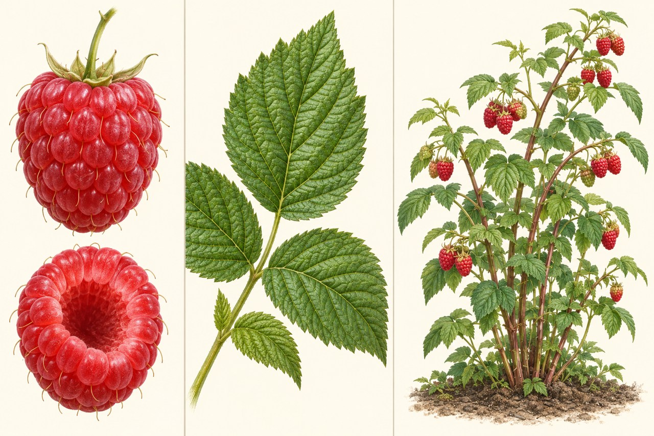 Drei Nahansichten zeigen Himbeeren, das passende Blatt und die Wuchsform der Pflanze.