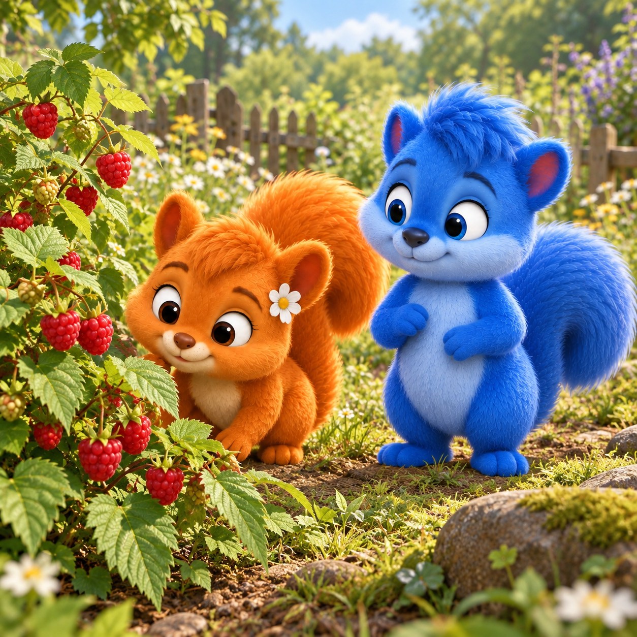 Puschel und Flauschi betrachten Himbeeren an der Pflanze im Garten oder auf der Obstwiese.