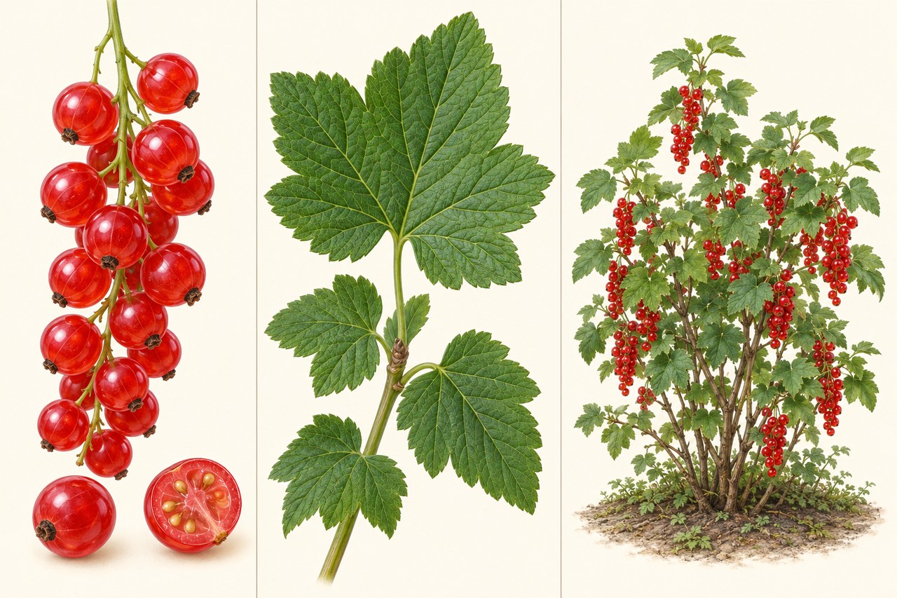 Close-ups show redcurrant fruit, leaves and growth habit.