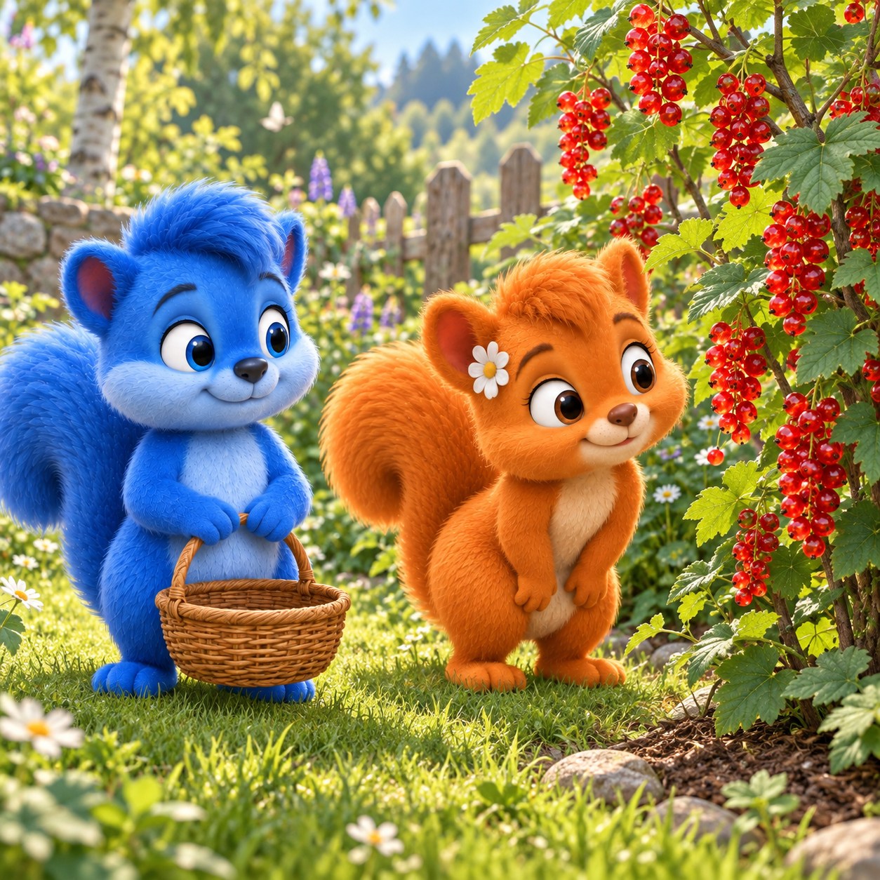 Puschel und Flauschi betrachten rote Johannisbeeren an der Pflanze im Garten oder auf der Obstwiese.