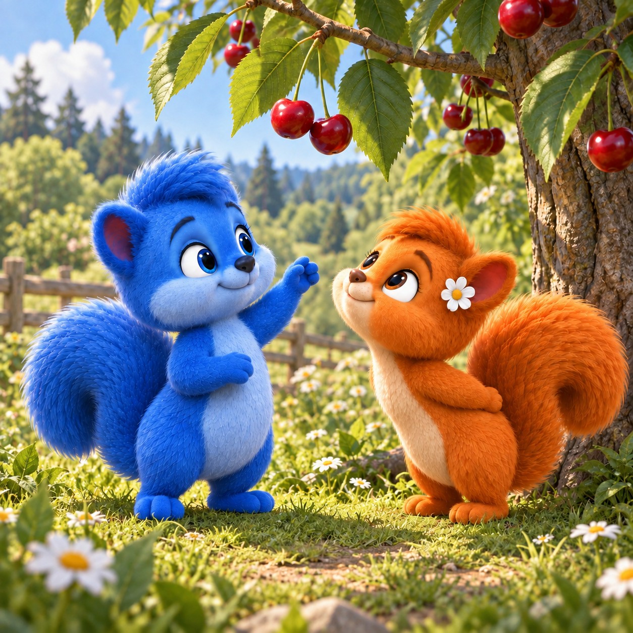 Puschel und Flauschi betrachten Kirschen an der Pflanze im Garten oder auf der Obstwiese.
