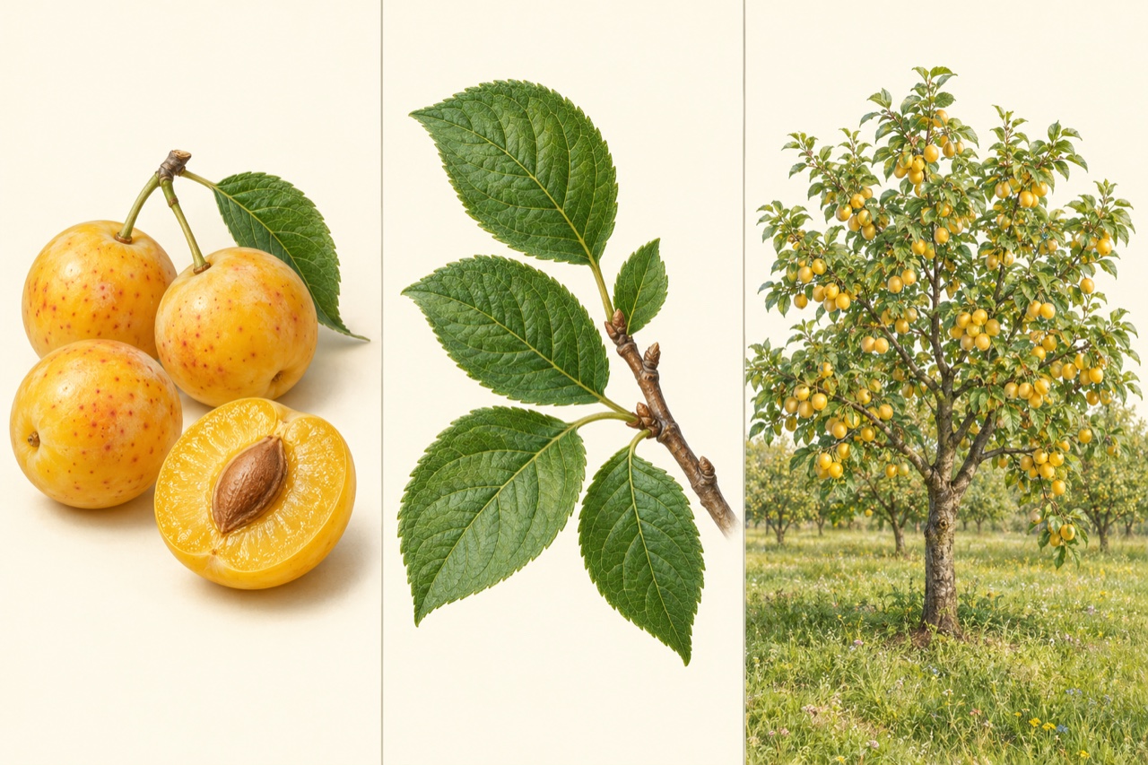Drei Ansichten: kleine runde gelbe Mirabellen, eine halbierte Frucht mit einem Stein, gezähntes Blatt und Mirabellenbaum.