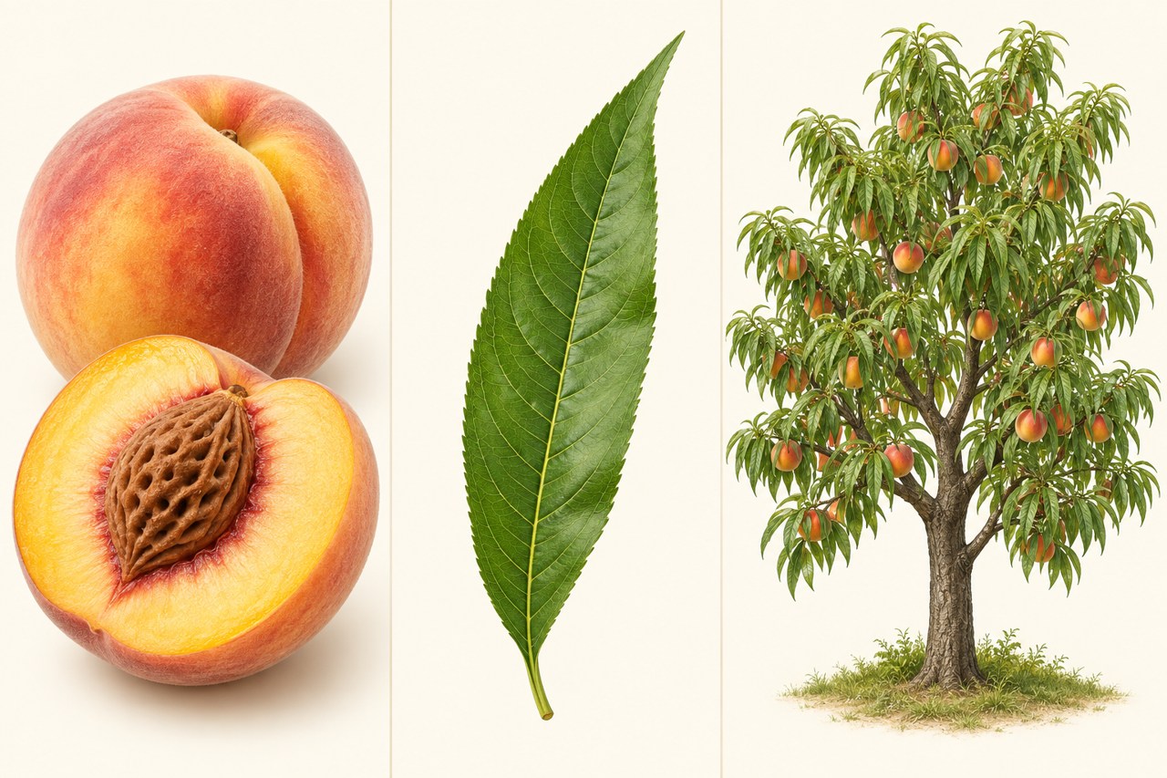 Close-ups show peach fruit, leaves and growth habit.