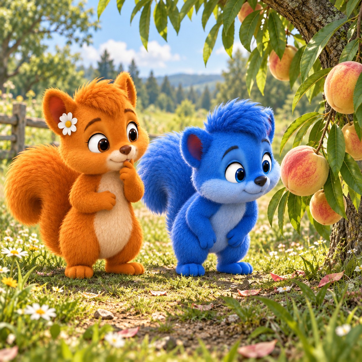 Puschel und Flauschi betrachten Pfirsiche an der Pflanze im Garten oder auf der Obstwiese.