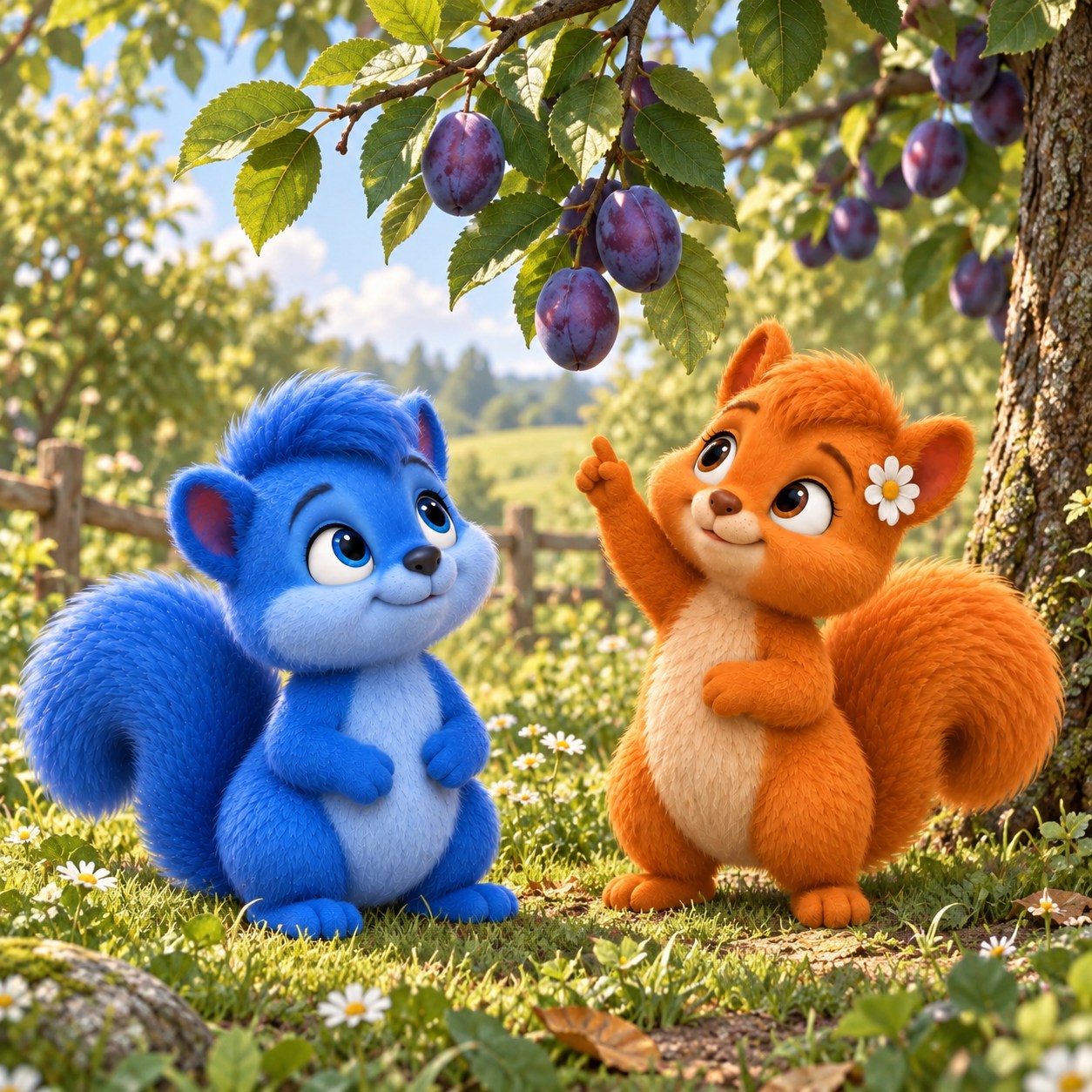 Puschel und Flauschi betrachten Pflaumen an der Pflanze im Garten oder auf der Obstwiese.