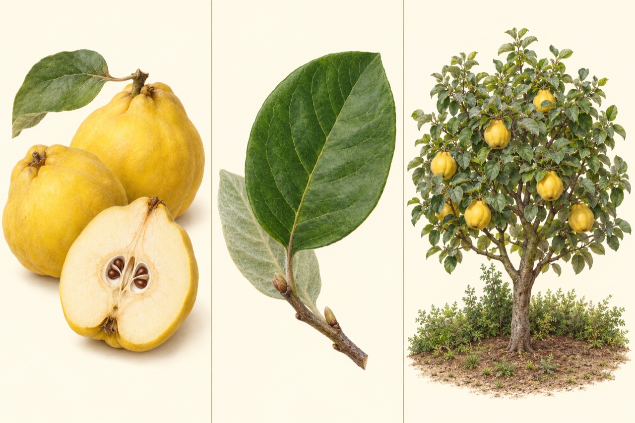Three views: whole and cut quince with its core, an oval leaf and hairy underside, and a small quince tree.