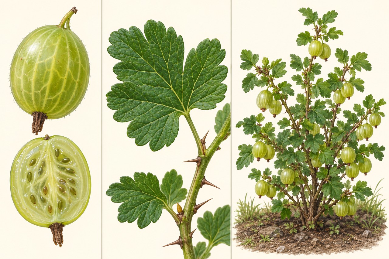 Close-ups show gooseberry fruit, leaves and growth habit.