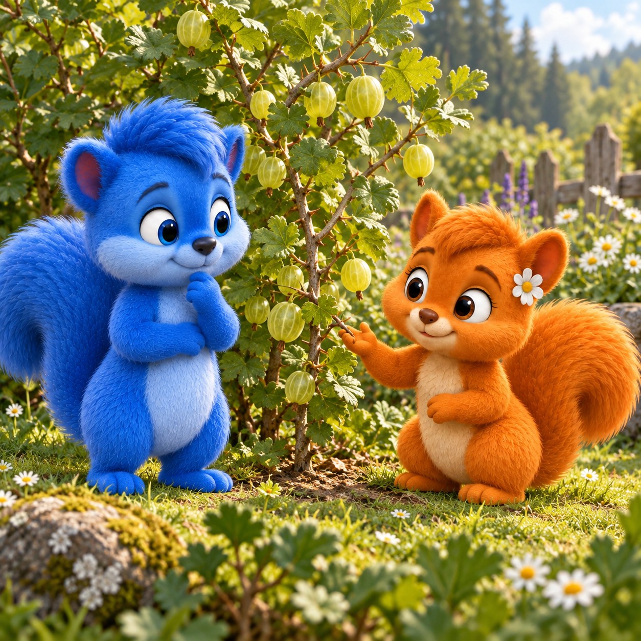 Puschel und Flauschi betrachten Stachelbeeren an der Pflanze im Garten oder auf der Obstwiese.