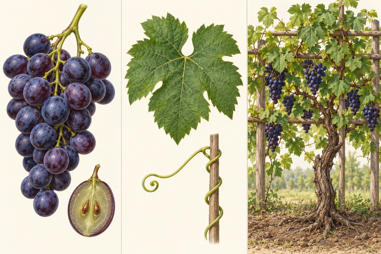 Three views: blue grapes with a cut berry and small pips, a lobed leaf with a tendril, and a vine on a trellis.