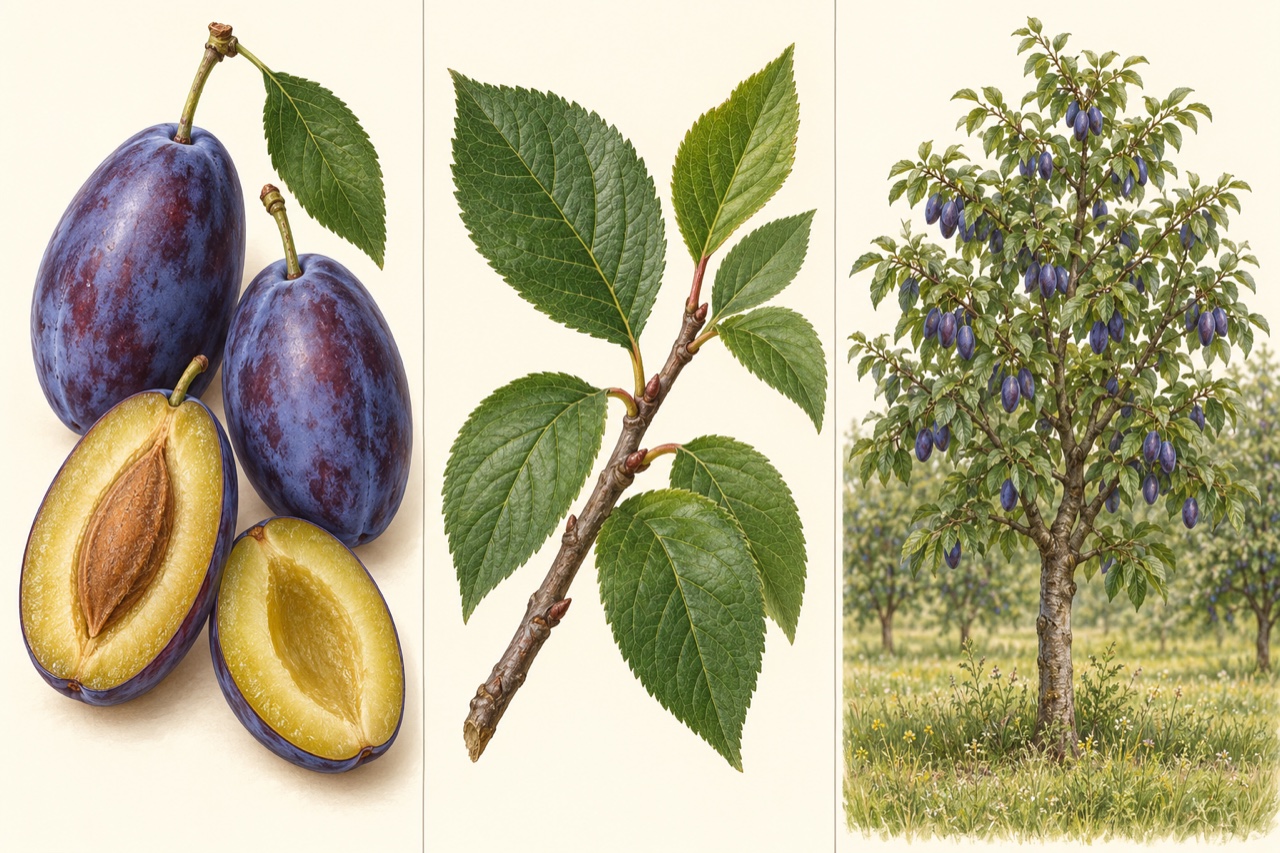 Three views: elongated whole and halved prune plums with a single stone, a toothed leaf, and a prune plum tree.
