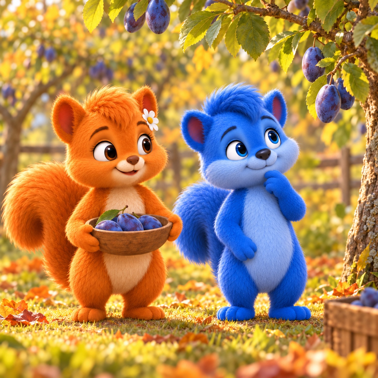 Die gleich großen erwachsenen Wusels stehen an einem Zweig mit länglichen blauvioletten Zwetschgen; Flauschi hält eine flache Schale.