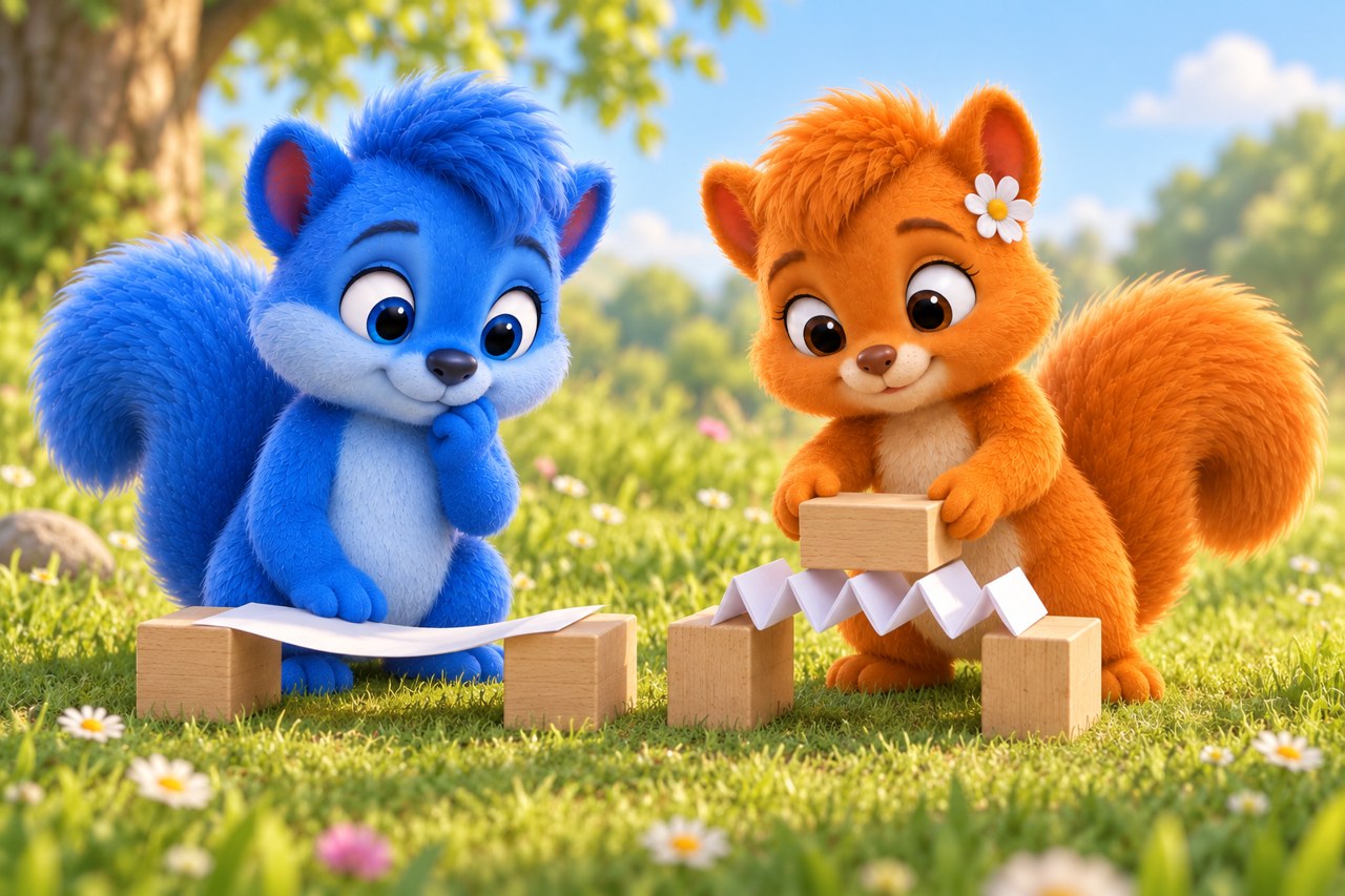 Flauschi setzt einen großen Holzbaustein auf eine gefaltete Papierbrücke; Puschel vergleicht sie mit einem flachen Blatt.