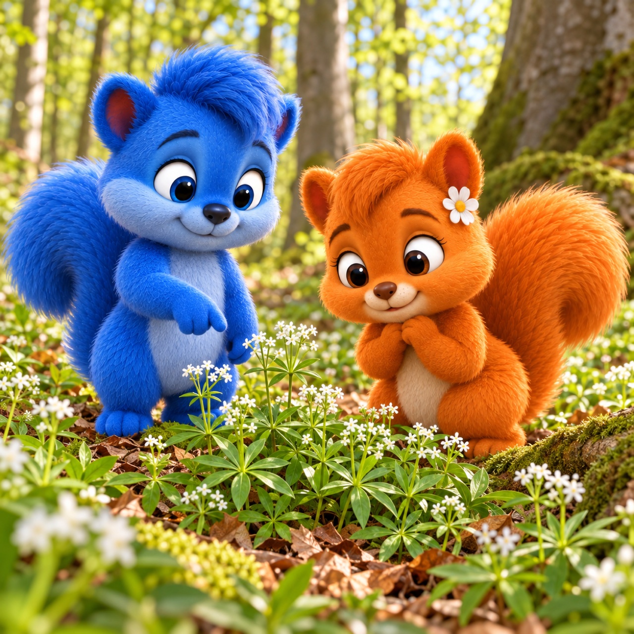 Puschel zeigt auf weiße Waldmeisterblüten und sternförmige Blattquirle; Flauschi betrachtet sie lächelnd.