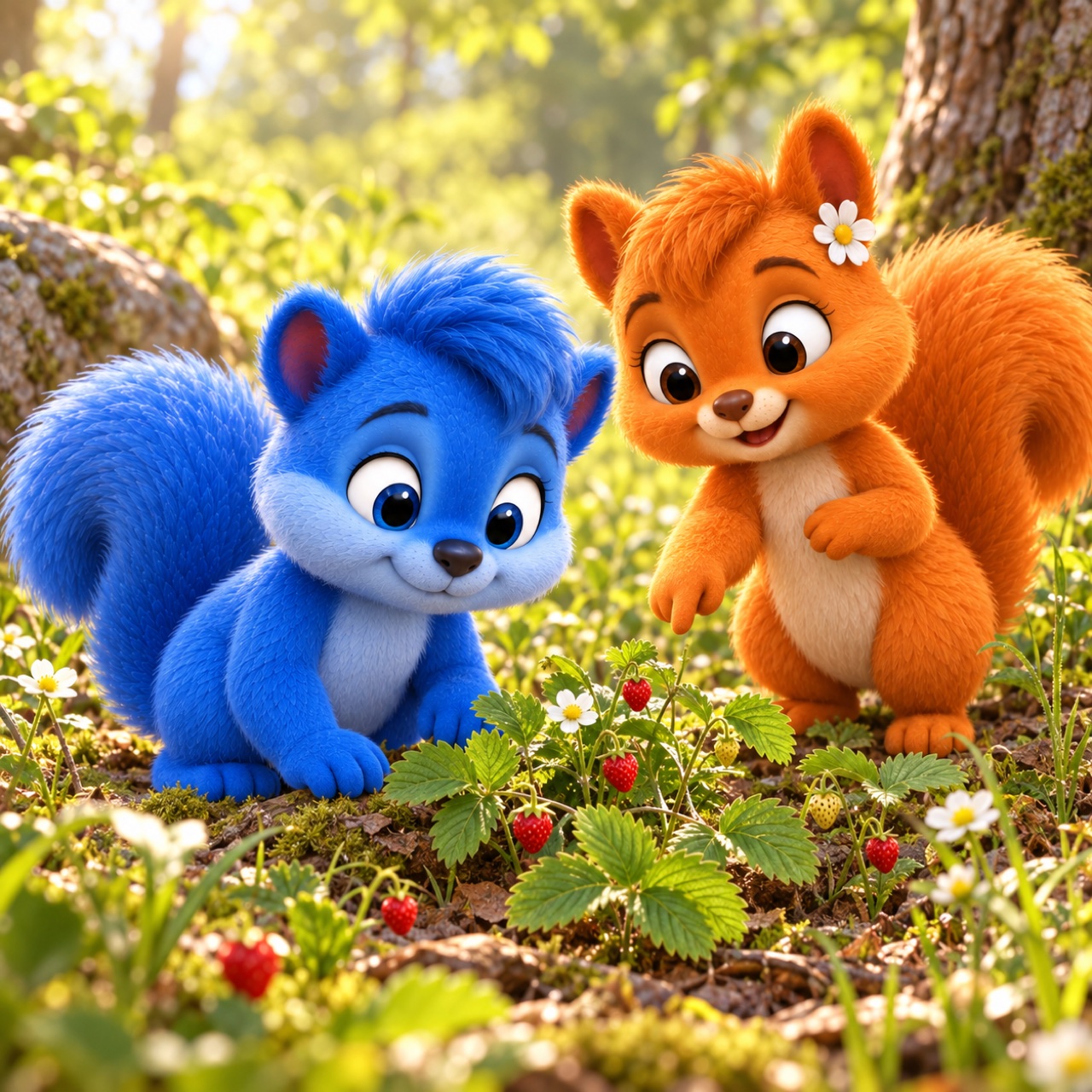 Puschel und Flauschi entdecken kleine rote Wald-Erdbeeren, weiße Blüten und dreiteilige Blätter.