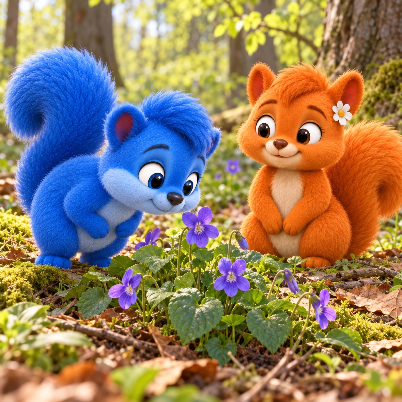 Puschel beugt sich zu violetten Wald-Veilchen mit herzförmigen Blättern; Flauschi schaut zu.