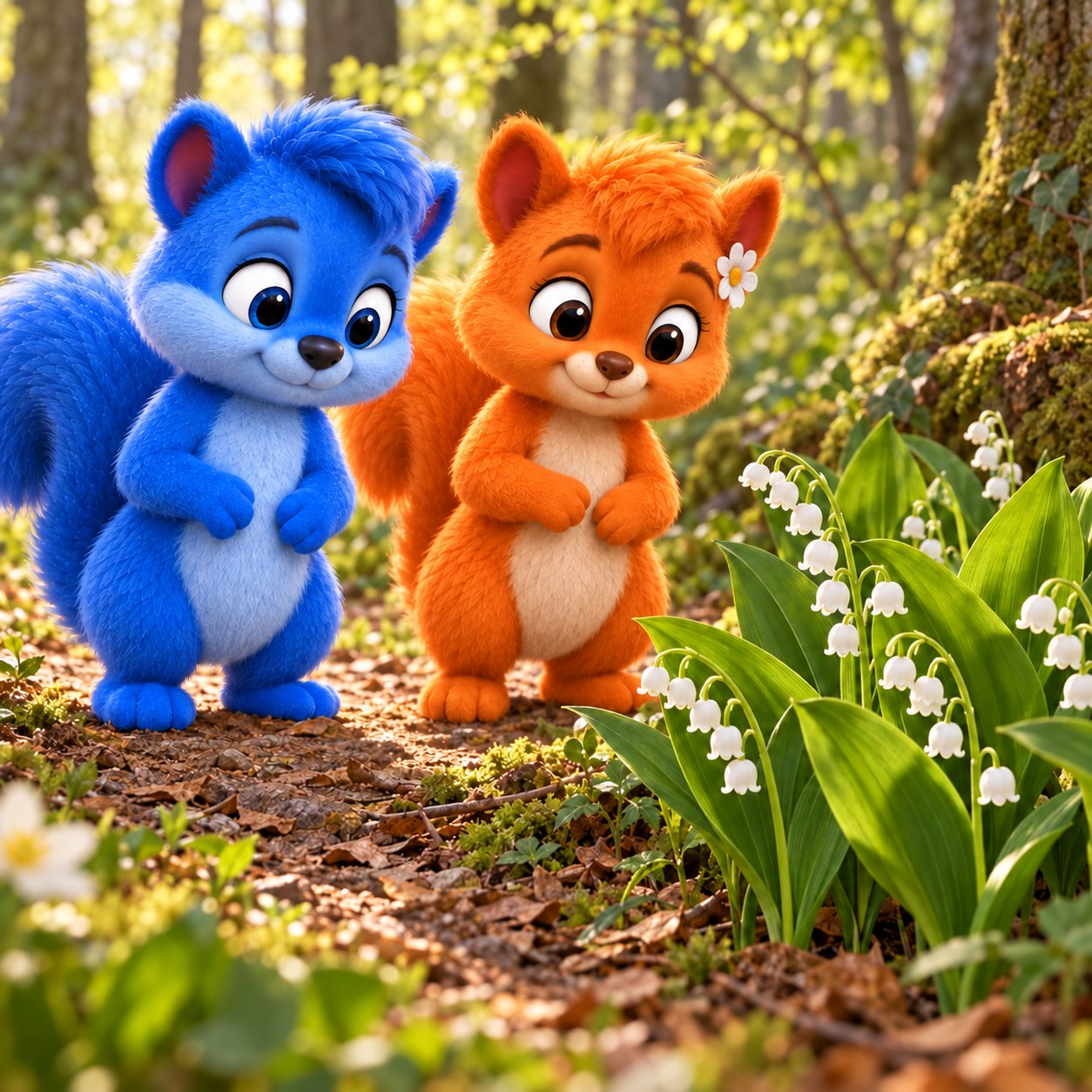 Puschel und Flauschi betrachten weiße Maiglöckchen und breite Blätter vom Weg aus.