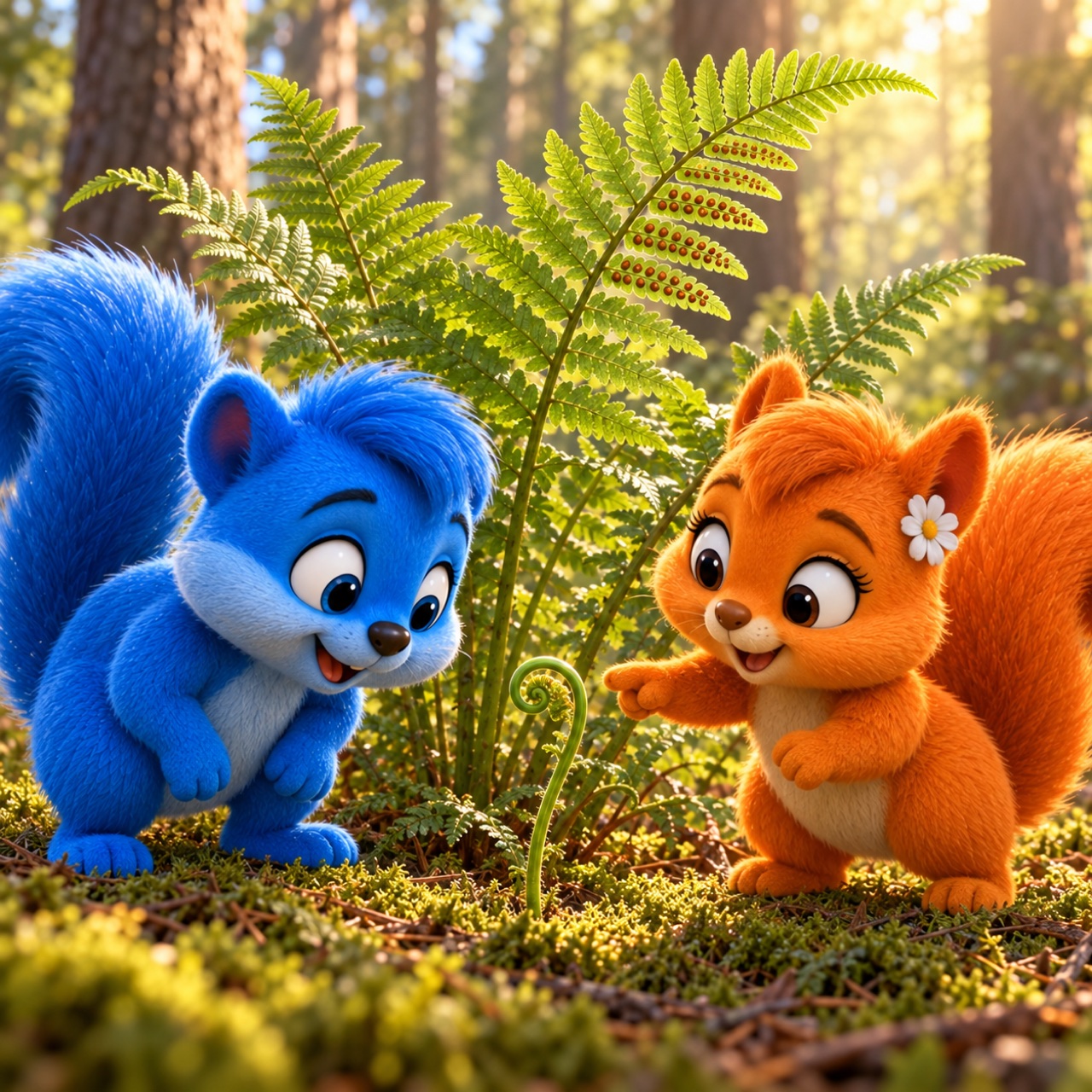 Puschel und Flauschi entdecken einen schlanken, eingerollten jungen Farnwedel neben ausgewachsenen Farnen im Wald.
