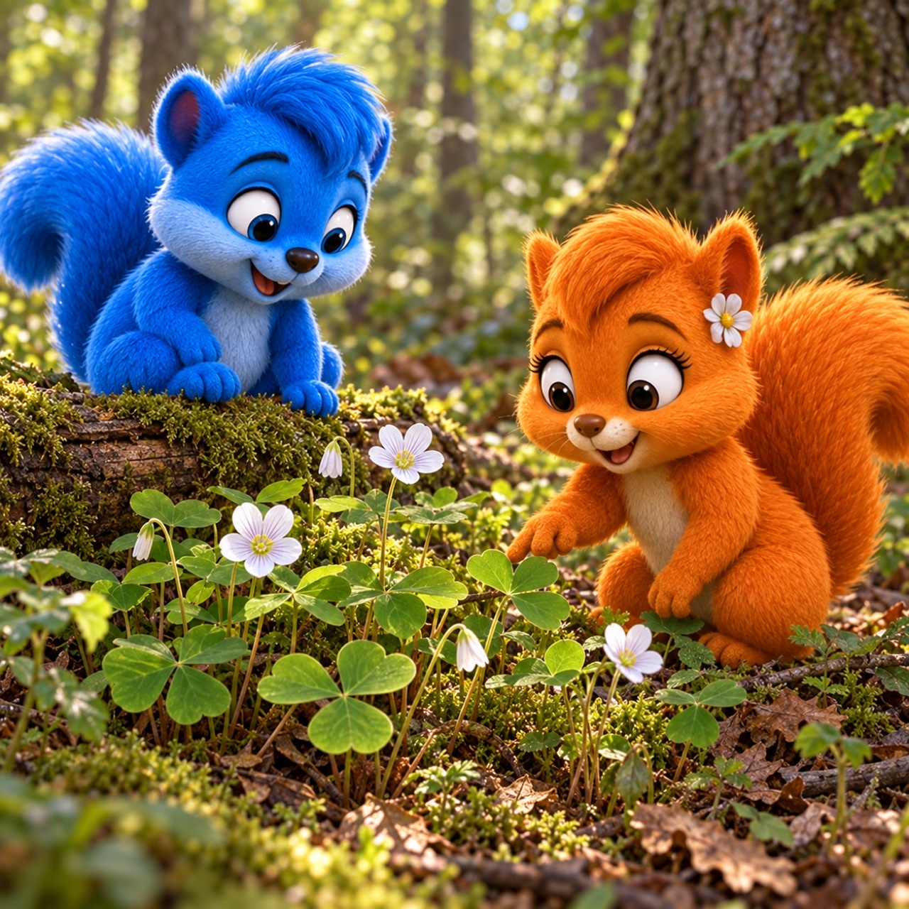 Puschel und Flauschi entdecken Waldsauerklee mit dreiteiligen herzförmigen Blättern und weißen, zart geäderten Blüten.