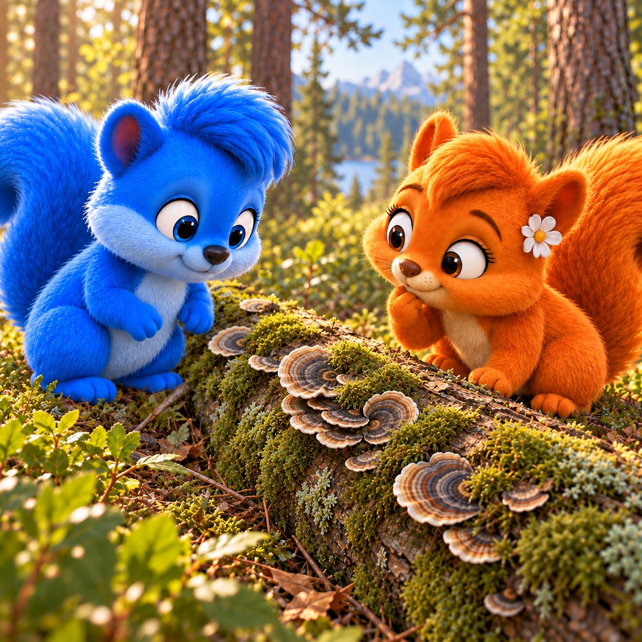 Puschel und Flauschi knien an den Enden eines Baumstamms und betrachten dünne, gebänderte Schmetterlingstrameten.