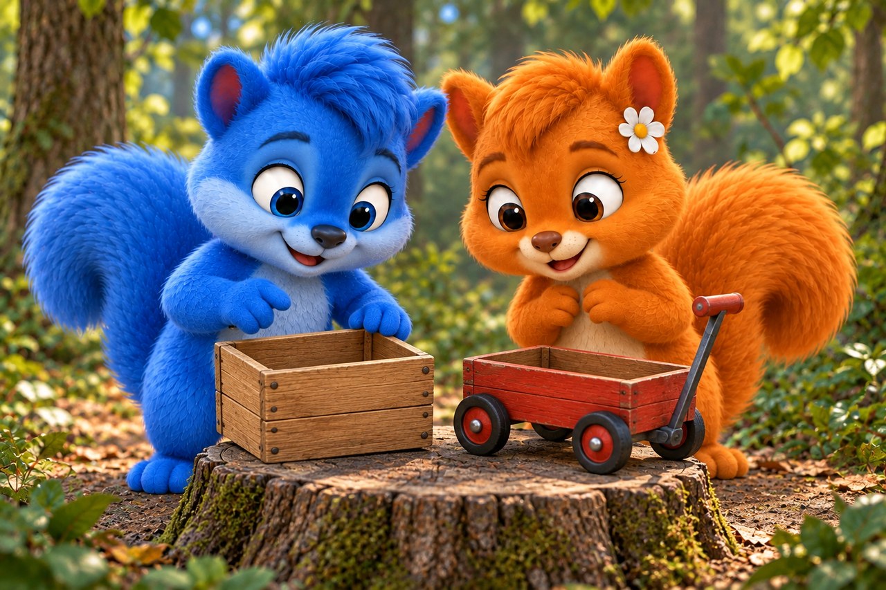Die Wusels vergleichen eine leere kleine Holzkiste mit einem leeren Spielzeugwagen.