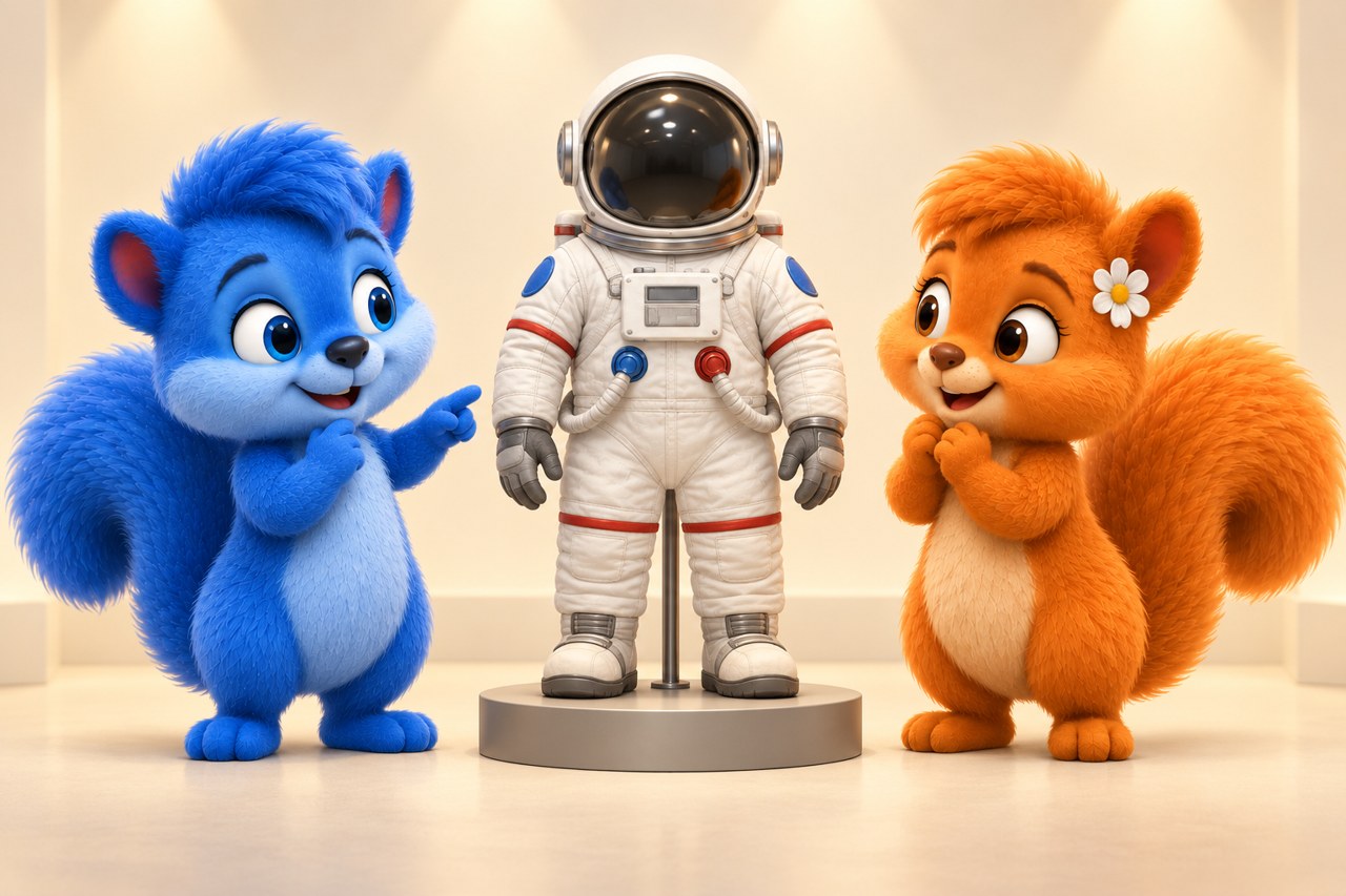 Puschel und Flauschi stehen gleich groß neben einem leeren Raumanzug als Ausstellungsmodell.