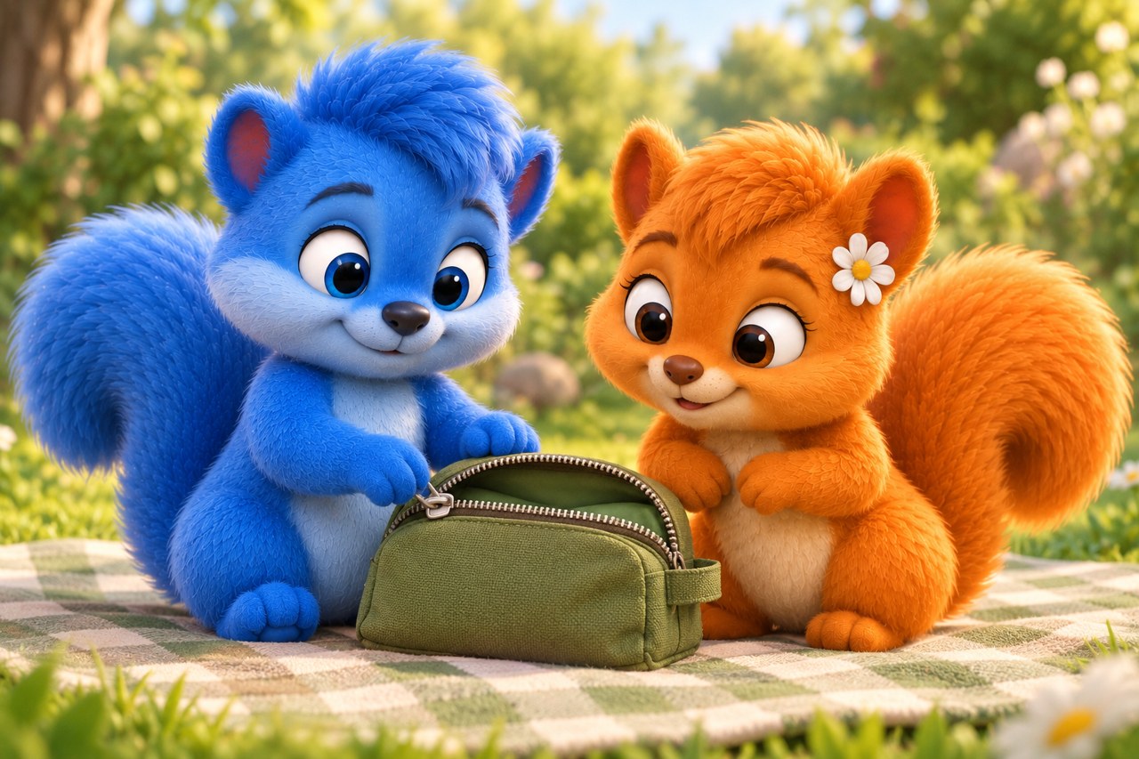 Puschel bewegt den Schieber einer kleinen grünen Tasche; Flauschi beobachtet den Reißverschluss.