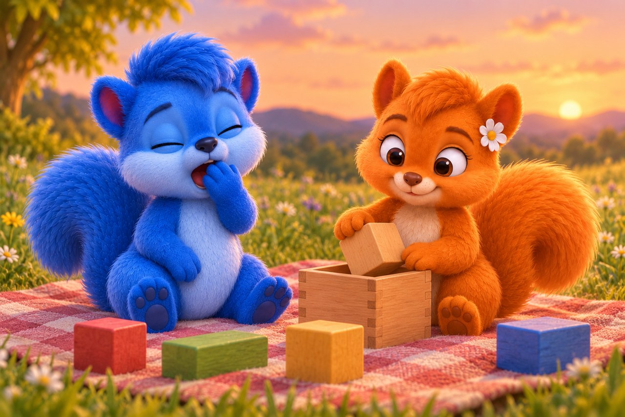 Puschel gähnt neben den Holzklötzen auf einer Picknickdecke; Flauschi räumt ruhig mit ihm auf.