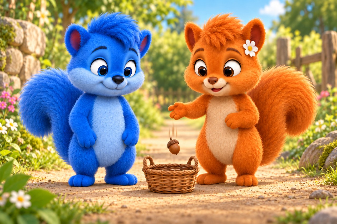 Flauschi lässt eine Eichel aus geringer Höhe über einen Korb los, Puschel beobachtet.
