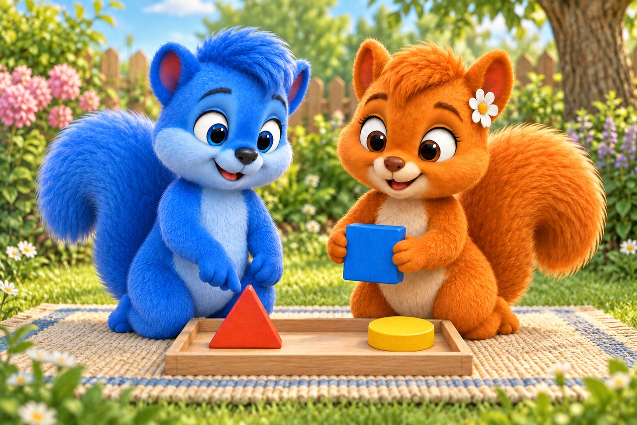 Die Wusels knien an einer Matte mit drei bunten Formen; Puschel zeigt auf das rote Dreieck, Flauschi hält das blaue Quadrat.
