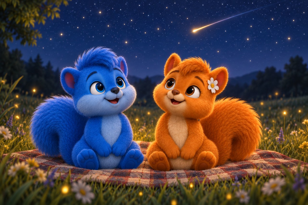 Puschel und Flauschi sitzen gleich groß auf einer Wiese und schauen auf einen kurzen Meteor am Sternhimmel.