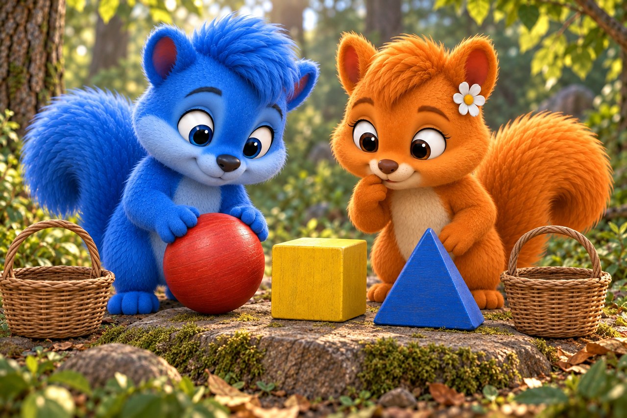 Die Wusels betrachten drei große bunte Spielsteine und zwei leere kleine Körbe.