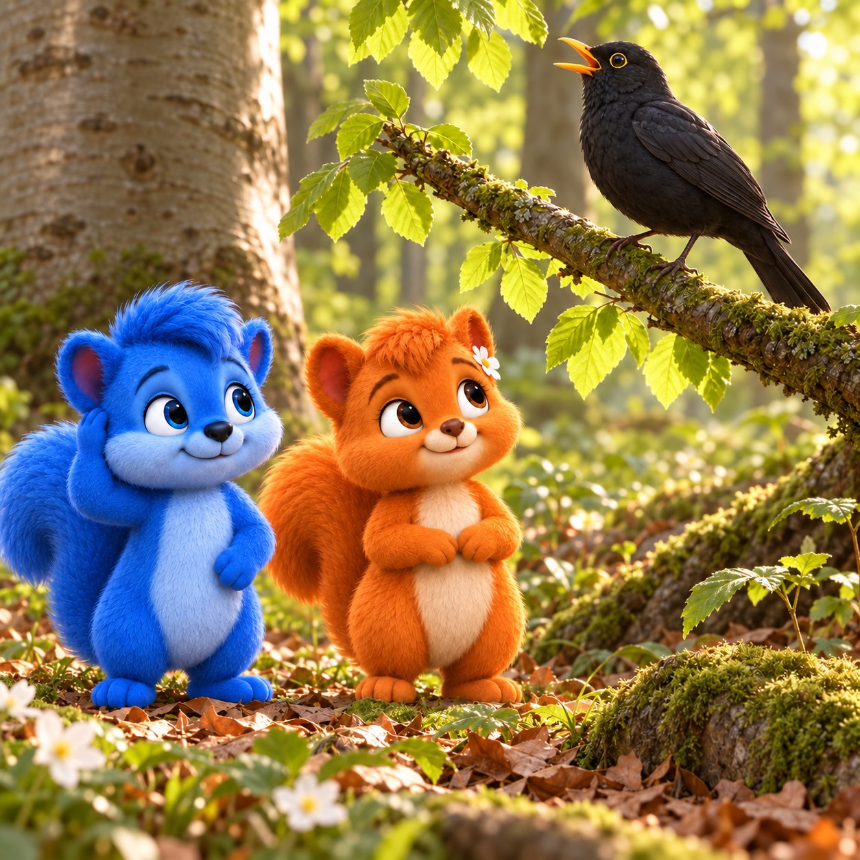 Eine echte Amsel im Wald; Puschel und Flauschi beobachten den Vogel aus Abstand.
