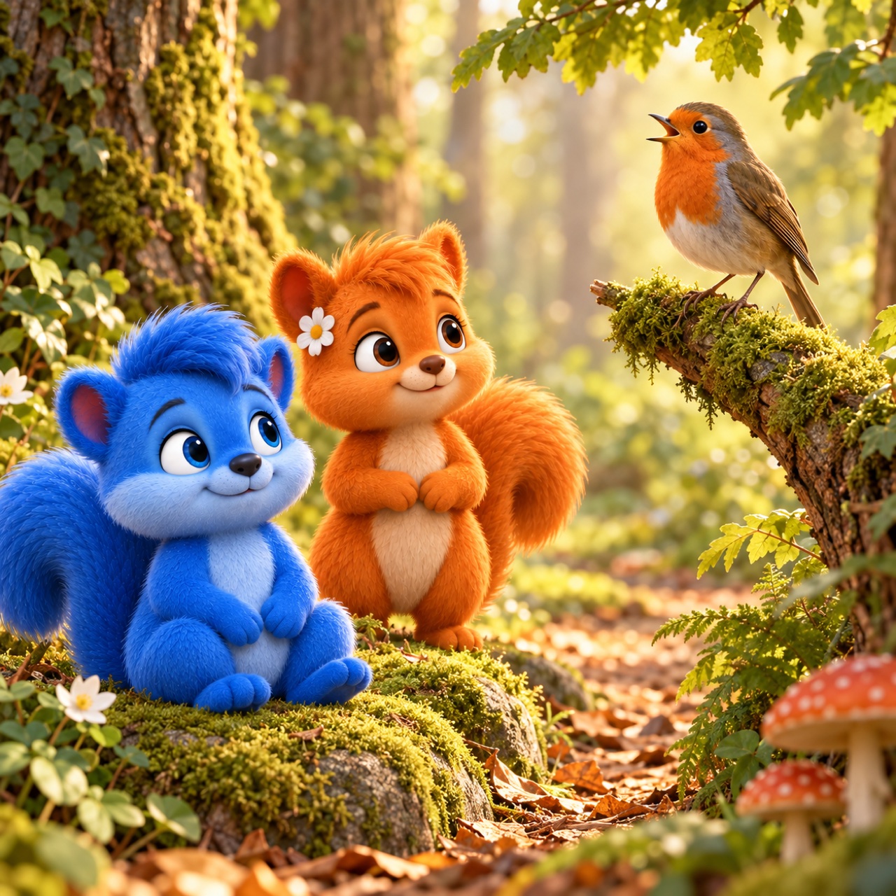 Ein echtes Rotkehlchen im Wald; Puschel und Flauschi beobachten den Vogel aus Abstand.