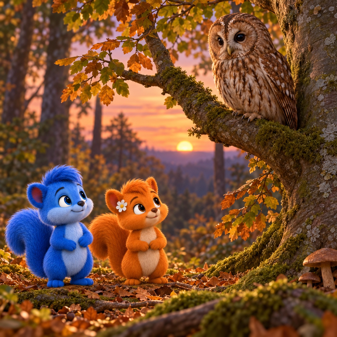 Ein echter Waldkauz im Wald; Puschel und Flauschi beobachten den Vogel aus Abstand.