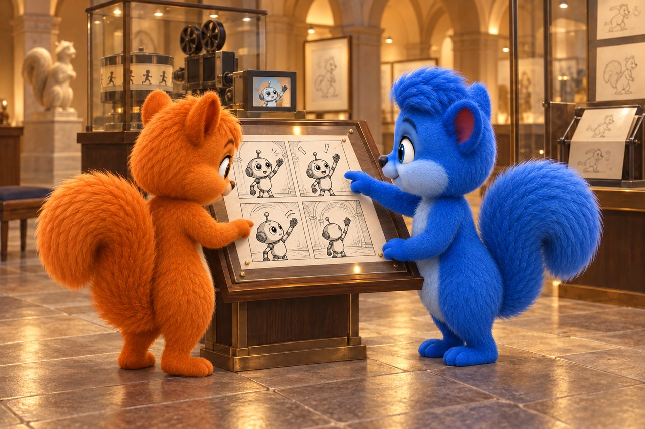 Puschel und Flauschi betrachten eine eigene Vierer-Bildfolge und einen Animationsbildschirm im Museum.