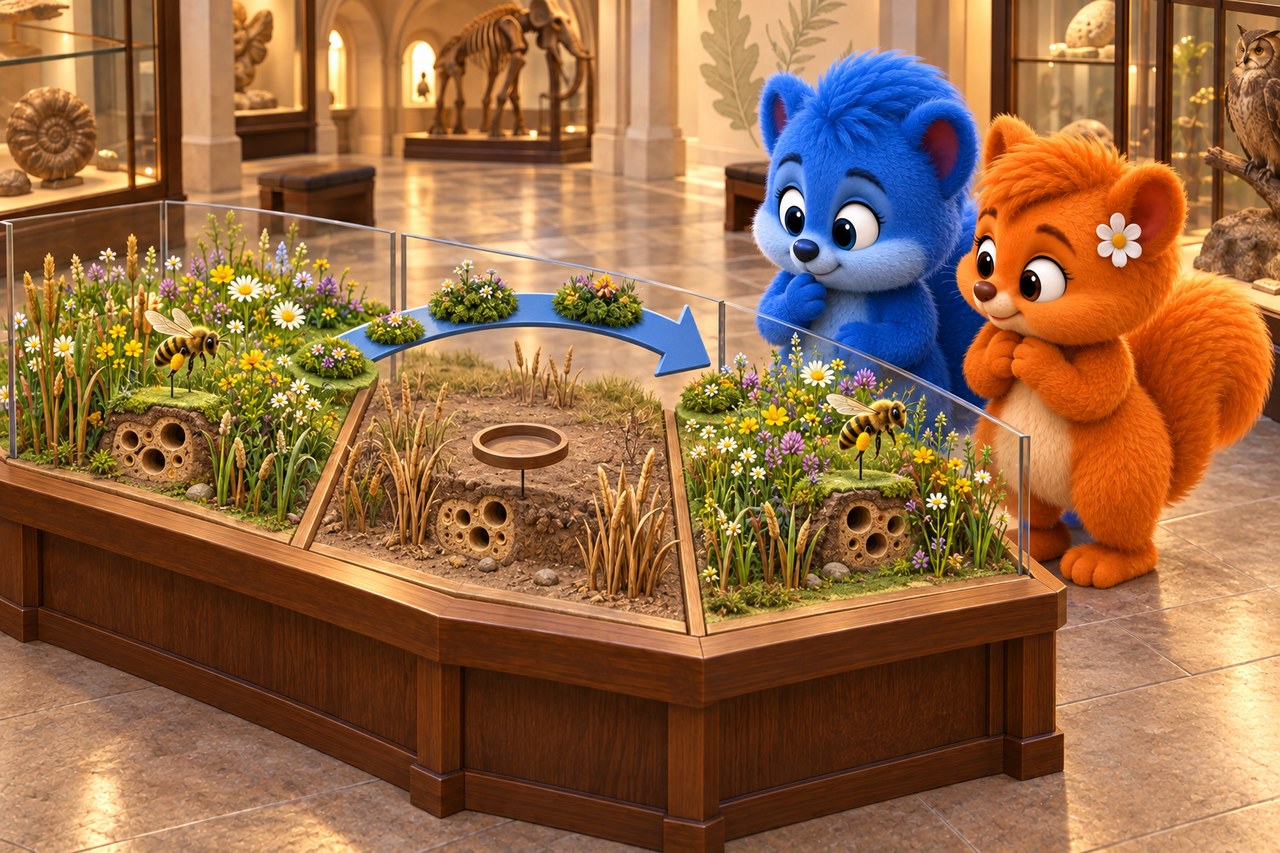 Puschel und Flauschi im Museum. Lebensraummodelle vergleichen Nahrung, Nistplatz und die Verbindung beider Bedürfnisse.